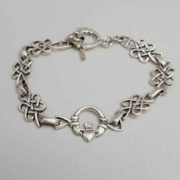 Vintage Sterling Silver Celtic Infinity Love Knots Link Bracelet Claddagh Toggle - Picture 9 of 9